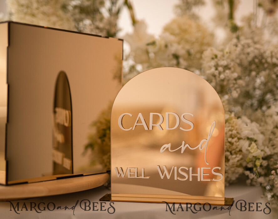 TABLE DECOR SIGNS Guestbook & Cards Gifts Signs Acrylic Arch Cards And Well Wishes Sign, Golden Acrylic Sign, Gold Plexi Sign, Luxury Wedding Table Decor, Custom Wedding Signage Golden Mirror Cards Sign