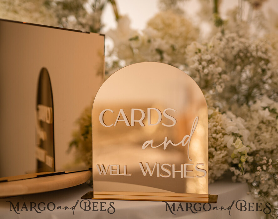 TABLE DECOR SIGNS Guestbook & Cards Gifts Signs Acrylic Arch Cards And Well Wishes Sign, Golden Acrylic Sign, Gold Plexi Sign, Luxury Wedding Table Decor, Custom Wedding Signage Golden Mirror Cards Sign
