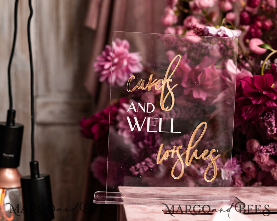 TABLE DECOR SIGNS Guestbook & Cards Gifts Signs Acrylic cards and well wishes sign , Clear Acrylic and gold Sign, Gold Plexi card box sign, Luxury Wedding Table Decor, Wedding Signage Golden mirror cards sign