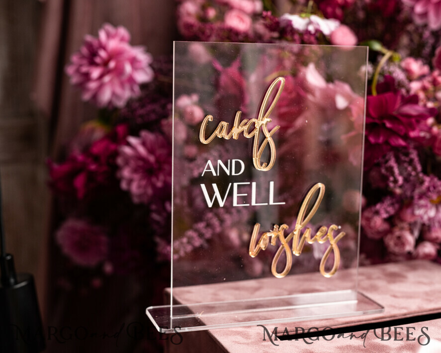 TABLE DECOR SIGNS Guestbook & Cards Gifts Signs Acrylic cards and well wishes sign , Clear Acrylic and gold Sign, Gold Plexi card box sign, Luxury Wedding Table Decor, Wedding Signage Golden mirror cards sign