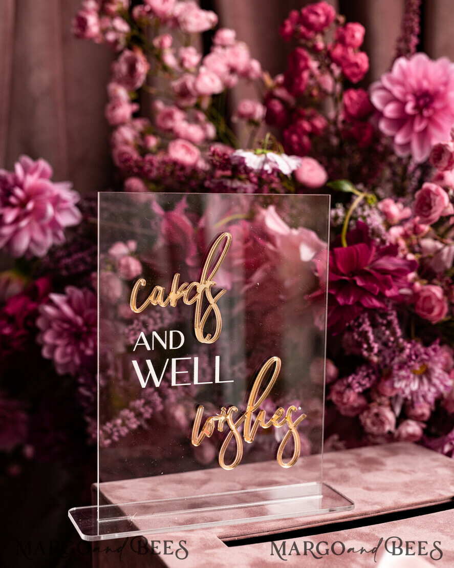 TABLE DECOR SIGNS Guestbook & Cards Gifts Signs Acrylic cards and well wishes sign , Clear Acrylic and gold Sign, Gold Plexi card box sign, Luxury Wedding Table Decor, Wedding Signage Golden mirror cards sign