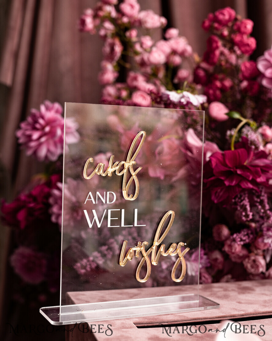 TABLE DECOR SIGNS Guestbook & Cards Gifts Signs Acrylic cards and well wishes sign , Clear Acrylic and gold Sign, Gold Plexi card box sign, Luxury Wedding Table Decor, Wedding Signage Golden mirror cards sign