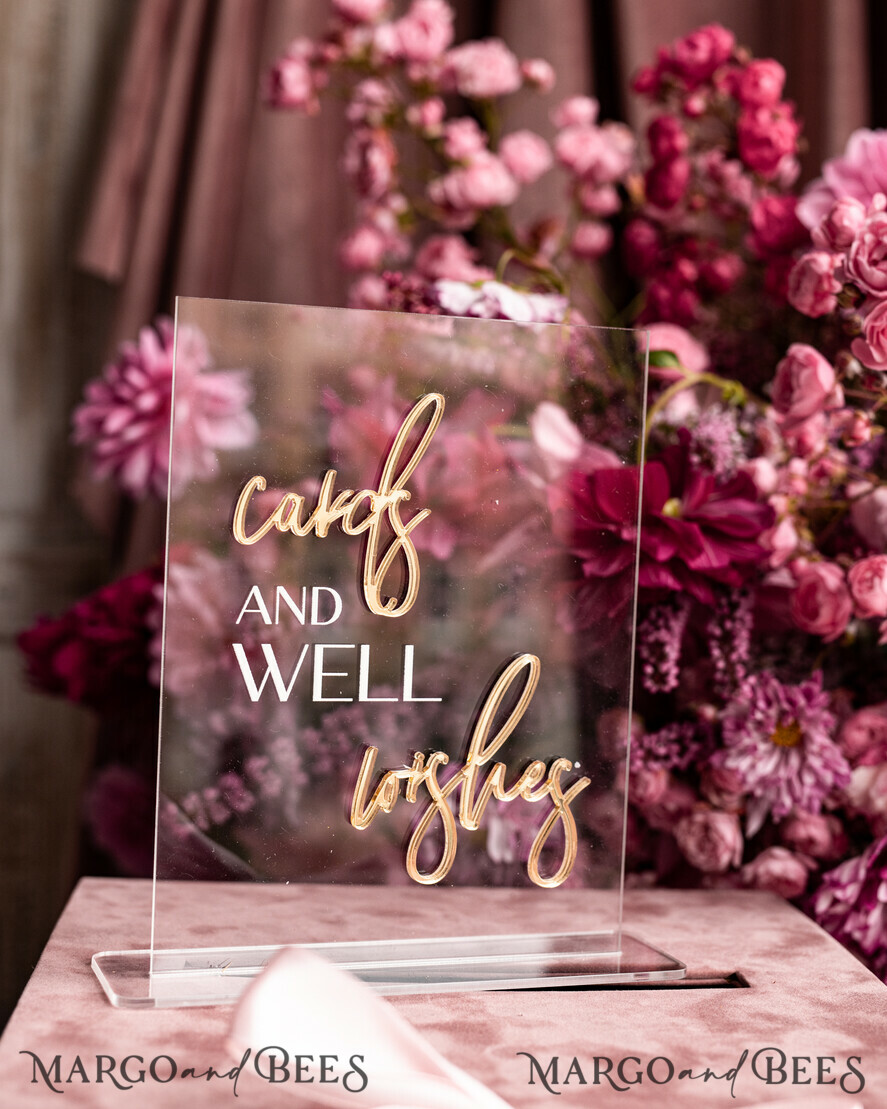 TABLE DECOR SIGNS Guestbook & Cards Gifts Signs Acrylic cards and well wishes sign , Clear Acrylic and gold Sign, Gold Plexi card box sign, Luxury Wedding Table Decor, Wedding Signage Golden mirror cards sign