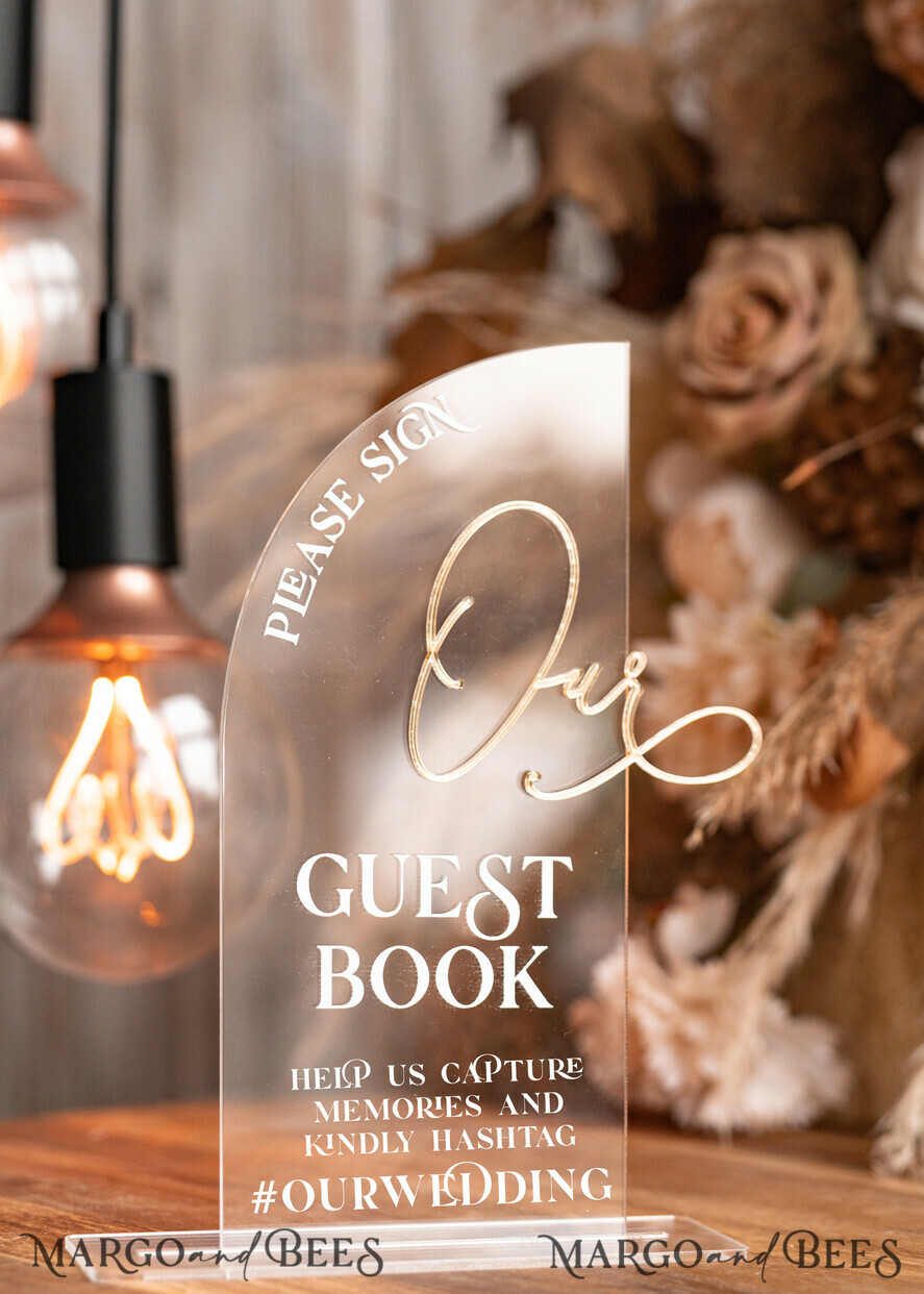 TABLE DECOR SIGNS Guestbook & Cards Gifts Signs Transparent Acrylic sign Our guestbook Sign, Half Arch Beige Ombre Acrylic Gold Guestbook Sign, Nude Gold Plexi Sign Our guestbook, Taupe Luxury Wedding Table Decor, Wedding Signage Golden Mirror Guestbook Sign with stand