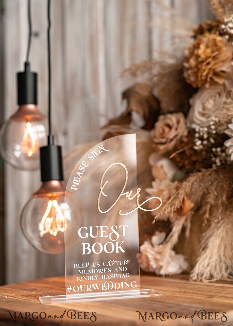 TABLE DECOR SIGNS Guestbook & Cards Gifts Signs Transparent Acrylic sign Our guestbook Sign, Half Arch Beige Ombre Acrylic Gold Guestbook Sign, Nude Gold Plexi Sign Our guestbook, Taupe Luxury Wedding Table Decor, Wedding Signage Golden Mirror Guestbook Sign with stand