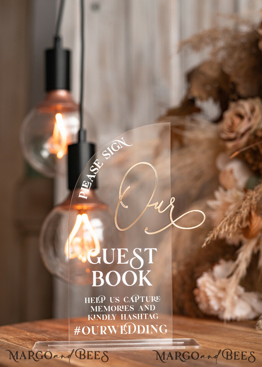 TABLE DECOR SIGNS Guestbook & Cards Gifts Signs Transparent Acrylic sign Our guestbook Sign, Half Arch Beige Ombre Acrylic Gold Guestbook Sign, Nude Gold Plexi Sign Our guestbook, Taupe Luxury Wedding Table Decor, Wedding Signage Golden Mirror Guestbook Sign with stand