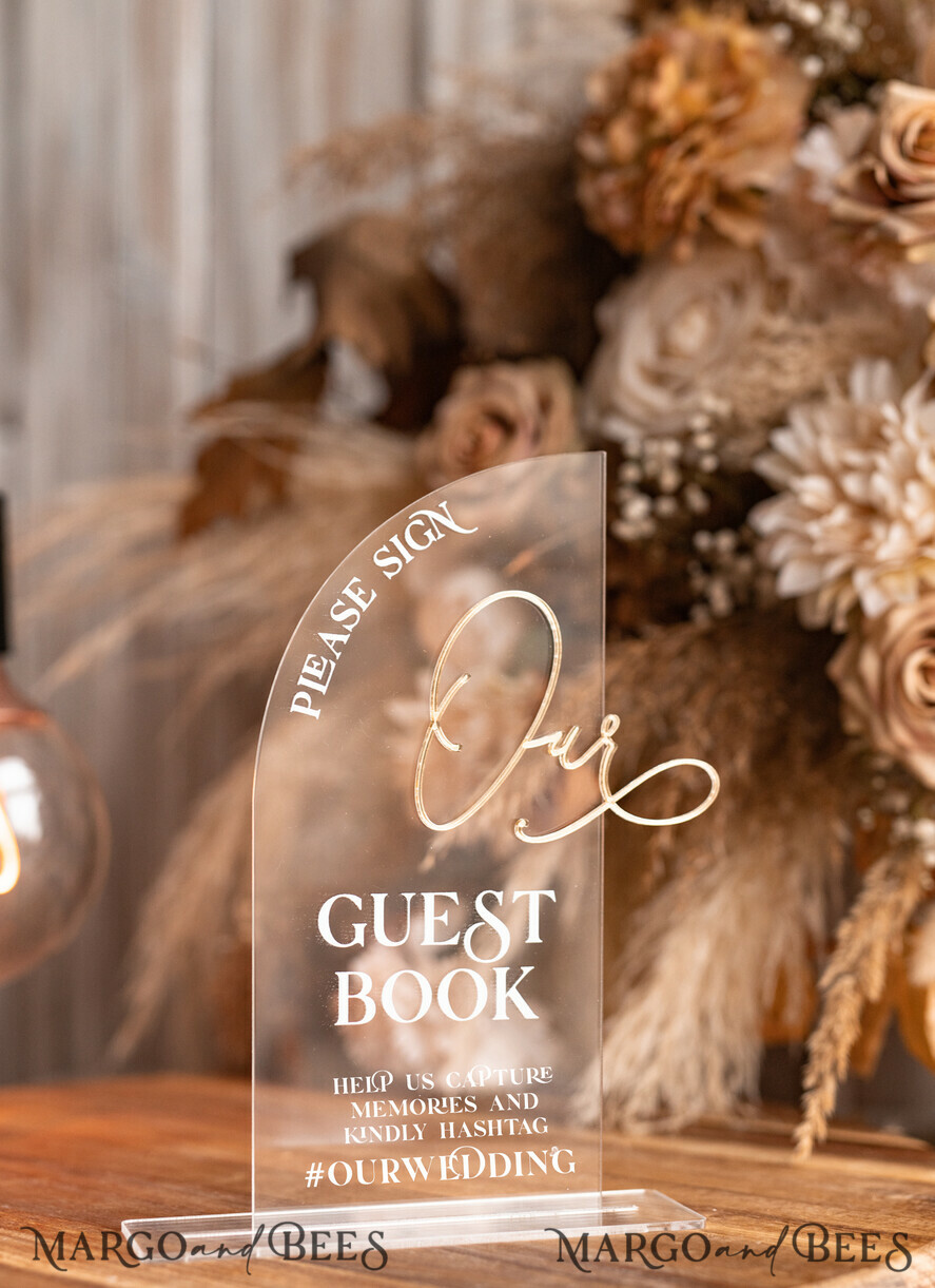 TABLE DECOR SIGNS Guestbook & Cards Gifts Signs Transparent Acrylic sign Our guestbook Sign, Half Arch Beige Ombre Acrylic Gold Guestbook Sign, Nude Gold Plexi Sign Our guestbook, Taupe Luxury Wedding Table Decor, Wedding Signage Golden Mirror Guestbook Sign with stand