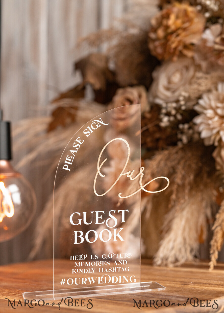 TABLE DECOR SIGNS Guestbook & Cards Gifts Signs Transparent Acrylic sign Our guestbook Sign, Half Arch Beige Ombre Acrylic Gold Guestbook Sign, Nude Gold Plexi Sign Our guestbook, Taupe Luxury Wedding Table Decor, Wedding Signage Golden Mirror Guestbook Sign with stand