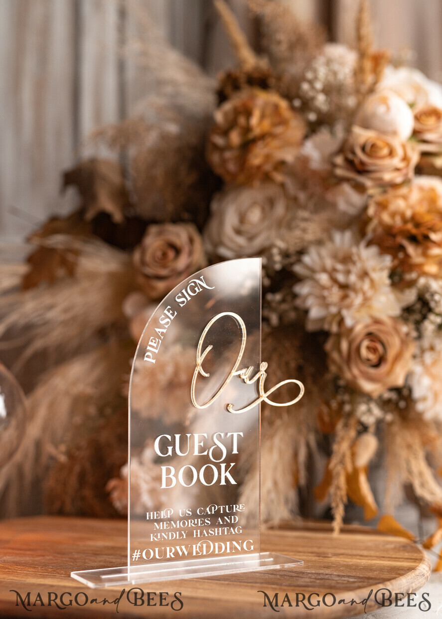 TABLE DECOR SIGNS Guestbook & Cards Gifts Signs Transparent Acrylic sign Our guestbook Sign, Half Arch Beige Ombre Acrylic Gold Guestbook Sign, Nude Gold Plexi Sign Our guestbook, Taupe Luxury Wedding Table Decor, Wedding Signage Golden Mirror Guestbook Sign with stand