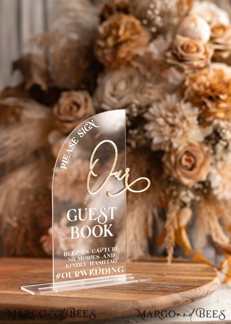 TABLE DECOR SIGNS Guestbook & Cards Gifts Signs Transparent Acrylic sign Our guestbook Sign, Half Arch Beige Ombre Acrylic Gold Guestbook Sign, Nude Gold Plexi Sign Our guestbook, Taupe Luxury Wedding Table Decor, Wedding Signage Golden Mirror Guestbook Sign with stand