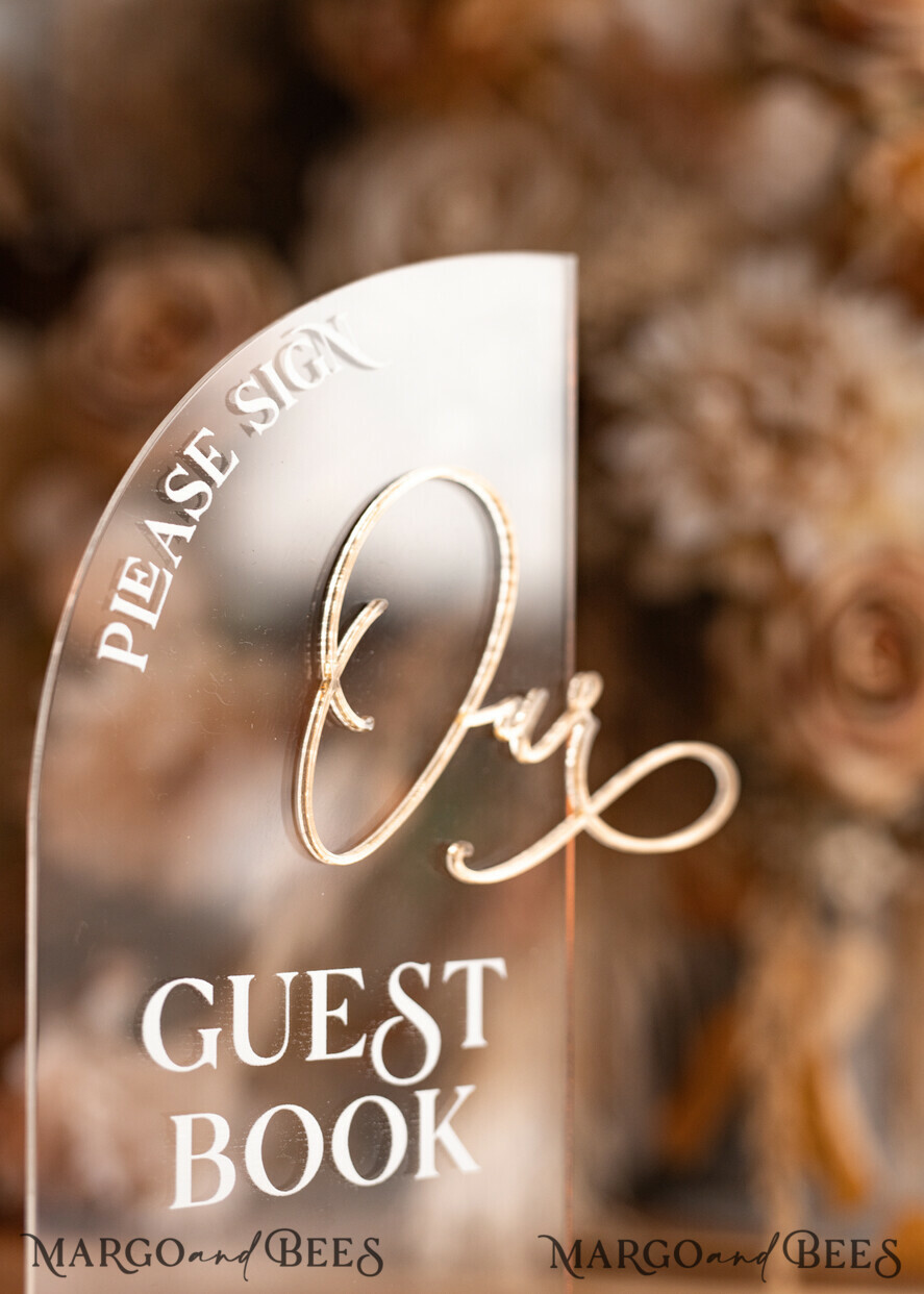 TABLE DECOR SIGNS Guestbook & Cards Gifts Signs Transparent Acrylic sign Our guestbook Sign, Half Arch Beige Ombre Acrylic Gold Guestbook Sign, Nude Gold Plexi Sign Our guestbook, Taupe Luxury Wedding Table Decor, Wedding Signage Golden Mirror Guestbook Sign with stand