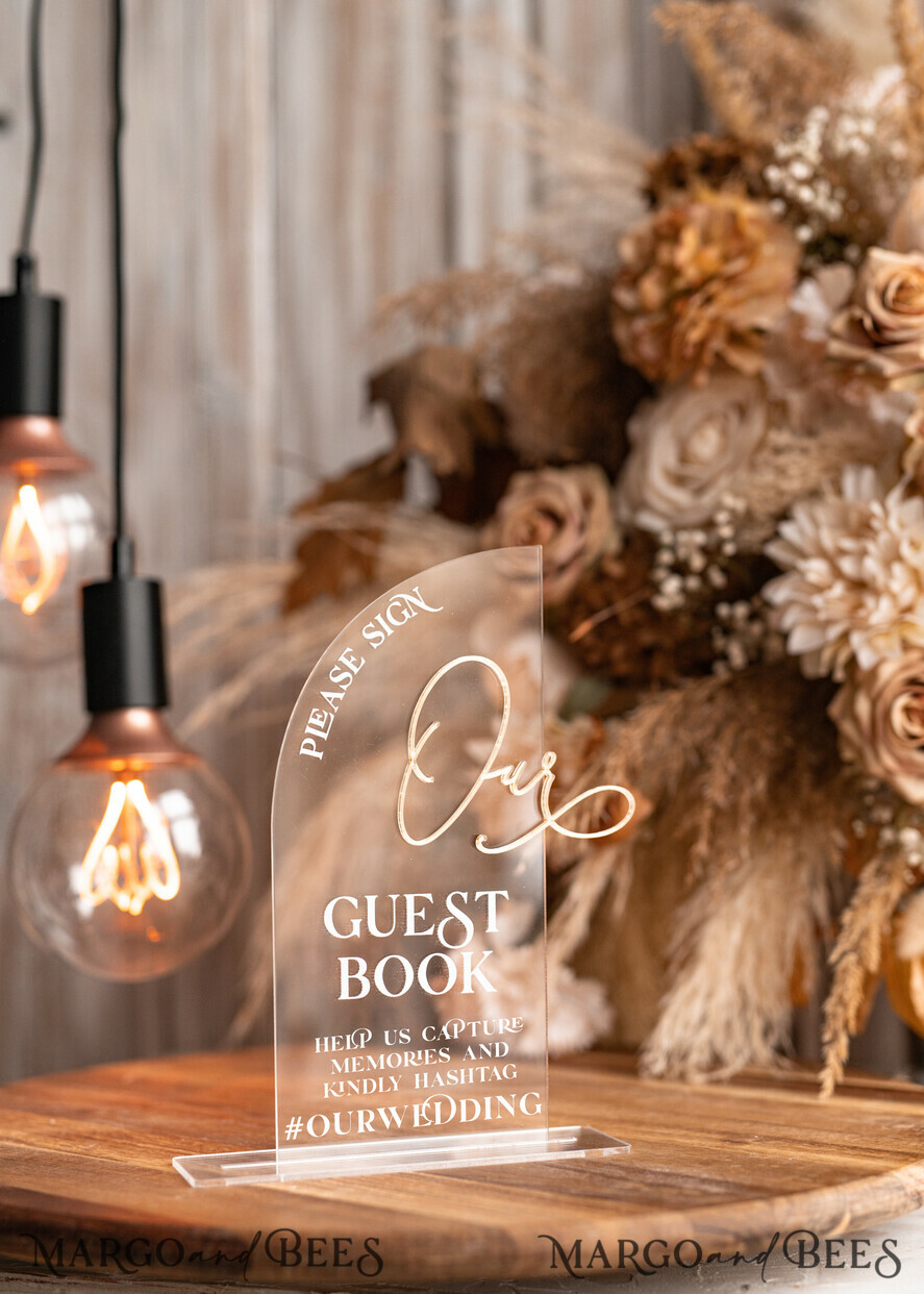 TABLE DECOR SIGNS Guestbook & Cards Gifts Signs Transparent Acrylic sign Our guestbook Sign, Half Arch Beige Ombre Acrylic Gold Guestbook Sign, Nude Gold Plexi Sign Our guestbook, Taupe Luxury Wedding Table Decor, Wedding Signage Golden Mirror Guestbook Sign with stand