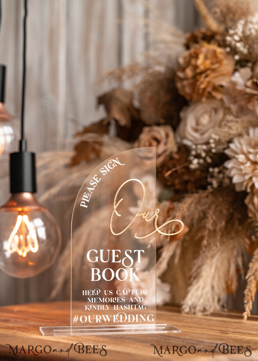TABLE DECOR SIGNS Guestbook & Cards Gifts Signs Transparent Acrylic sign Our guestbook Sign, Half Arch Beige Ombre Acrylic Gold Guestbook Sign, Nude Gold Plexi Sign Our guestbook, Taupe Luxury Wedding Table Decor, Wedding Signage Golden Mirror Guestbook Sign with stand