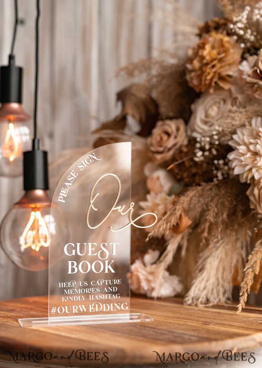 TABLE DECOR SIGNS Guestbook & Cards Gifts Signs Transparent Acrylic sign Our guestbook Sign, Half Arch Beige Ombre Acrylic Gold Guestbook Sign, Nude Gold Plexi Sign Our guestbook, Taupe Luxury Wedding Table Decor, Wedding Signage Golden Mirror Guestbook Sign with stand