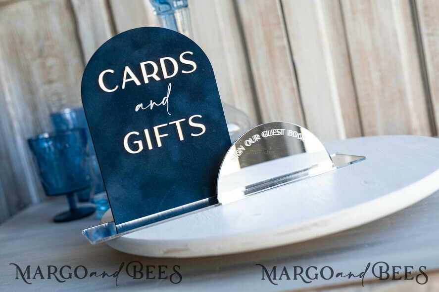 TABLE DECOR SIGNS Guestbook & Cards Gifts Signs Navy Blue Silver Acrylic gifts & cards signs with stand, Dark Blue Velvet and Siler Mirror guestbook Sign, Mirror Plexi gifts & cards signs, Luxury Wedding guestbook Decor Centerpieces