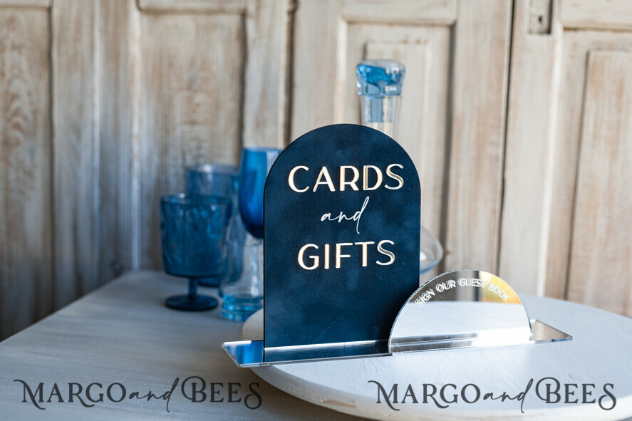 TABLE DECOR SIGNS Guestbook & Cards Gifts Signs Navy Blue Silver Acrylic gifts & cards signs with stand, Dark Blue Velvet and Siler Mirror guestbook Sign, Mirror Plexi gifts & cards signs, Luxury Wedding guestbook Decor Centerpieces