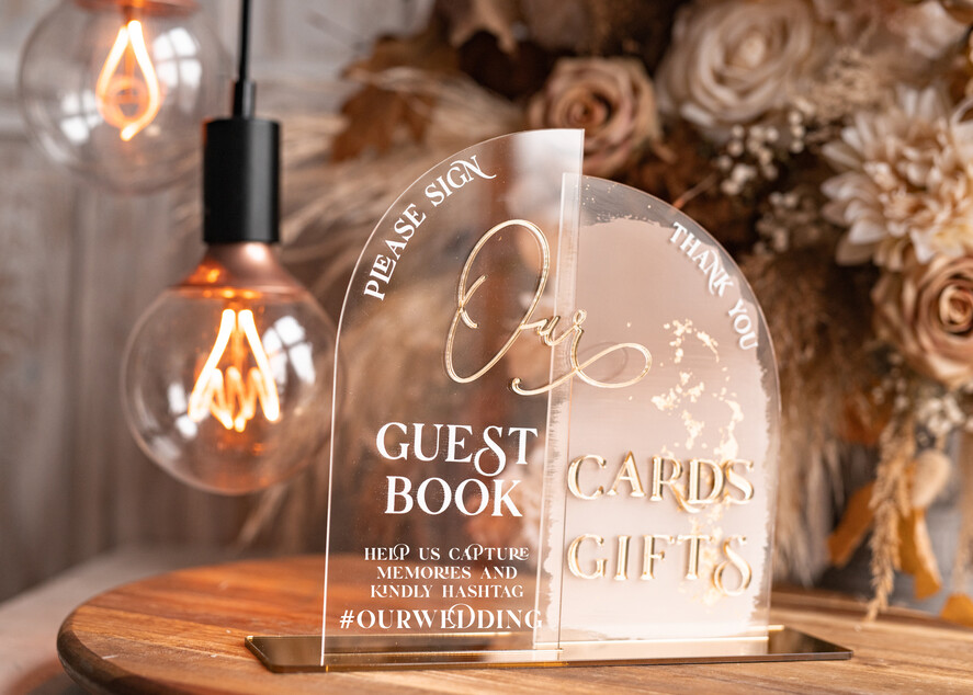 TABLE DECOR SIGNS Guestbook & Cards Gifts Signs Acrylic Arch cards & guestbook sign Combo , Clear Beige Ombre Acrylic & gold Sign, Gold Plexi card box and sign our guestbook sign, Luxury Wedding Nude Table Decor, Wedding Taupe Signage Golden mirror cards guestbooksign