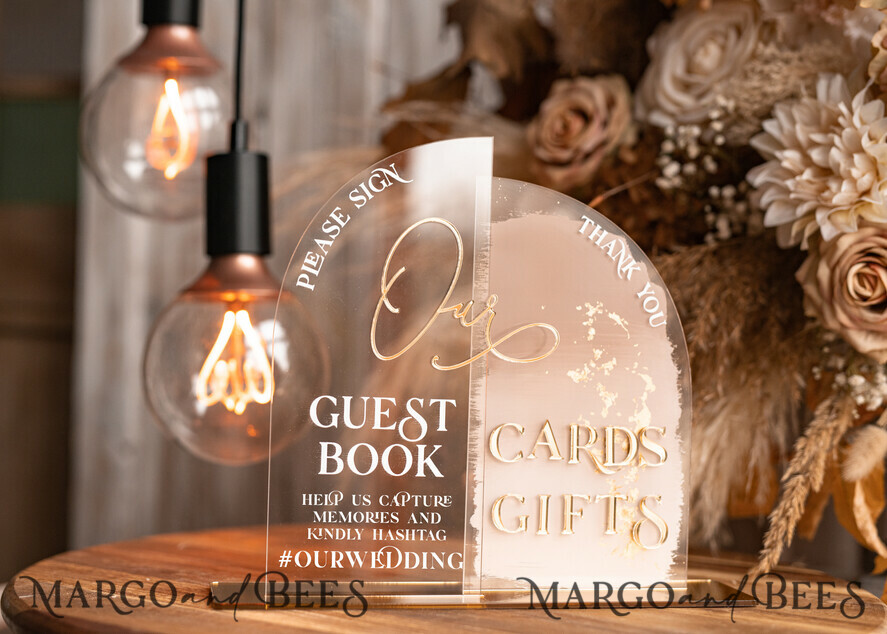 TABLE DECOR SIGNS Guestbook & Cards Gifts Signs Acrylic Arch cards & guestbook sign Combo , Clear Beige Ombre Acrylic & gold Sign, Gold Plexi card box and sign our guestbook sign, Luxury Wedding Nude Table Decor, Wedding Taupe Signage Golden mirror cards guestbooksign