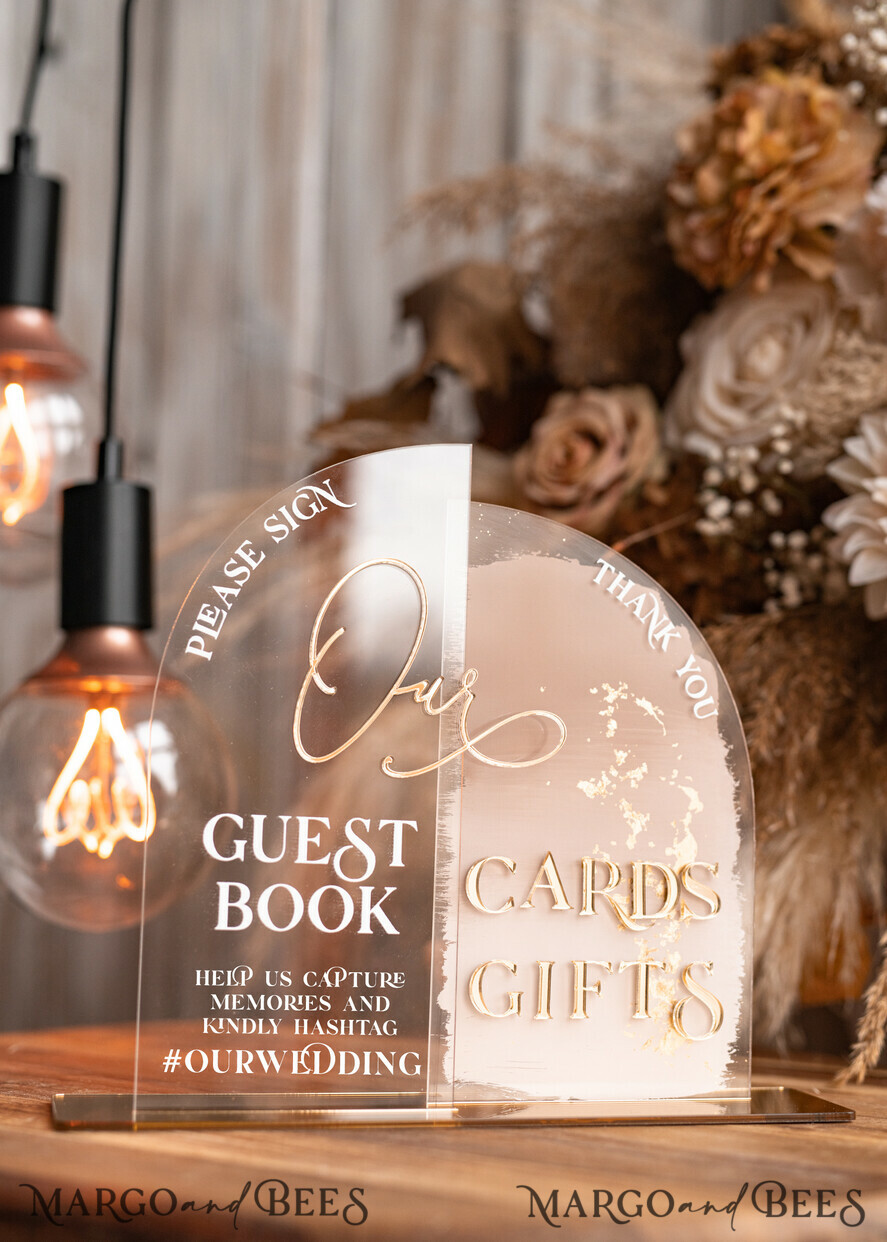 TABLE DECOR SIGNS Guestbook & Cards Gifts Signs Acrylic Arch cards & guestbook sign Combo , Clear Beige Ombre Acrylic & gold Sign, Gold Plexi card box and sign our guestbook sign, Luxury Wedding Nude Table Decor, Wedding Taupe Signage Golden mirror cards guestbooksign