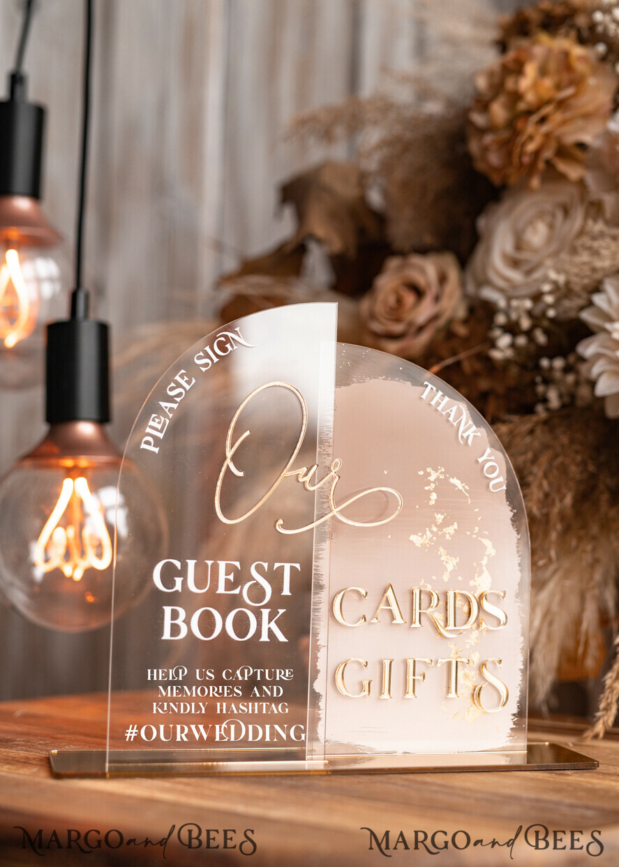 TABLE DECOR SIGNS Guestbook & Cards Gifts Signs Acrylic Arch cards & guestbook sign Combo , Clear Beige Ombre Acrylic & gold Sign, Gold Plexi card box and sign our guestbook sign, Luxury Wedding Nude Table Decor, Wedding Taupe Signage Golden mirror cards guestbooksign