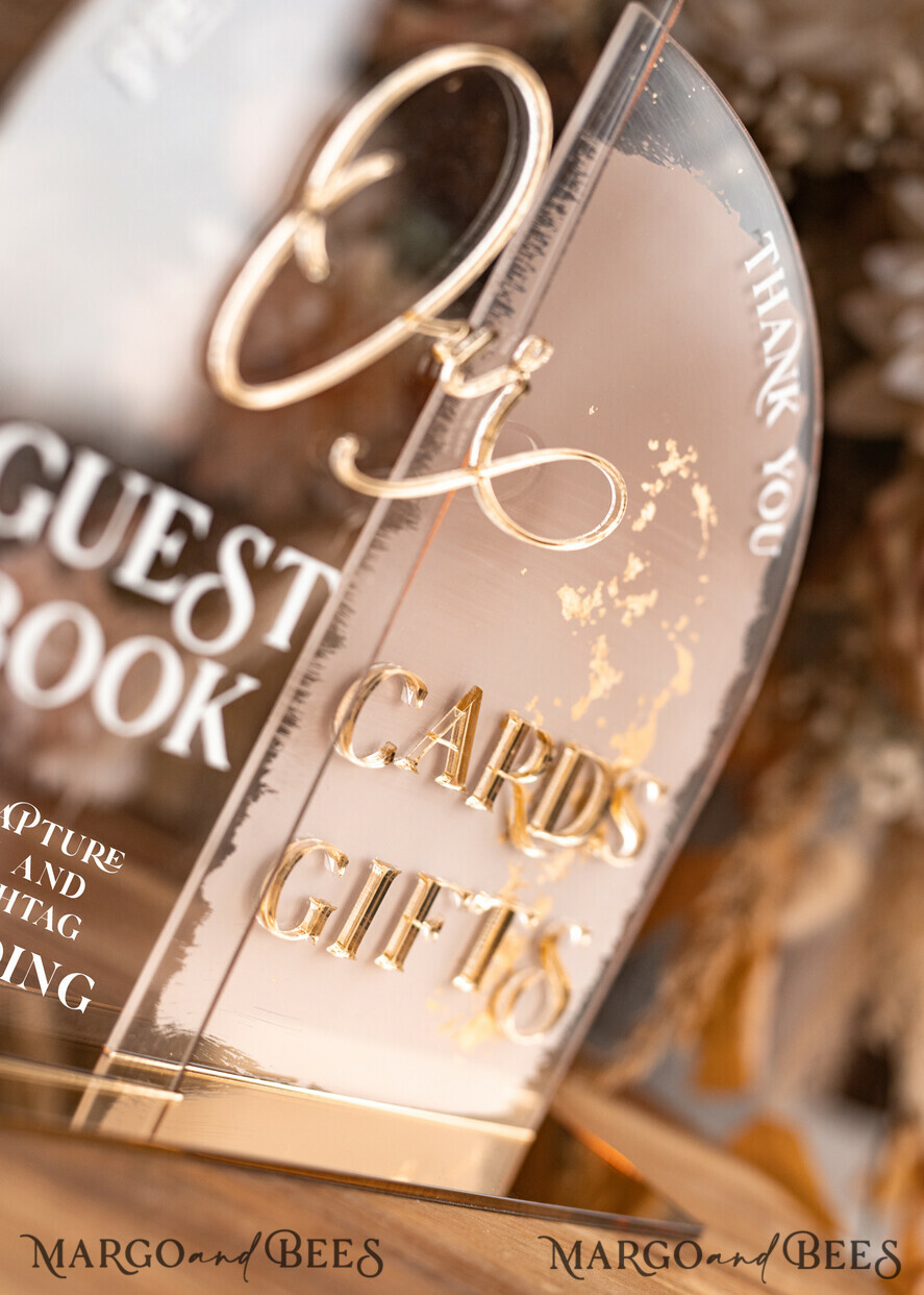 TABLE DECOR SIGNS Guestbook & Cards Gifts Signs Acrylic Arch cards & guestbook sign Combo , Clear Beige Ombre Acrylic & gold Sign, Gold Plexi card box and sign our guestbook sign, Luxury Wedding Nude Table Decor, Wedding Taupe Signage Golden mirror cards guestbooksign