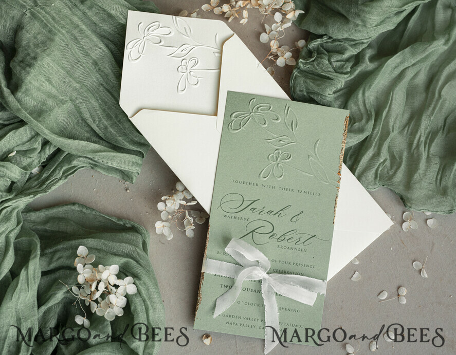 WEDDING INVITATIONS embossed invites Bespoke Embossed Blind Sage green Gold Wedding Invitation, Golden greenery deboss Floral Wedding Invitation, Modern Garden Debossed Invitation suite, Cotton paper wedding invitation suite, Wedding Invitations golden