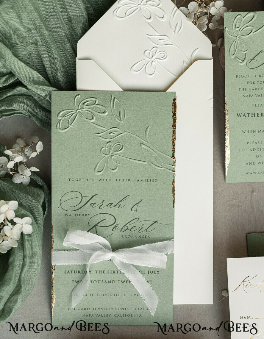 WEDDING INVITATIONS embossed invites Bespoke Embossed Blind Sage green Gold Wedding Invitation, Golden greenery deboss Floral Wedding Invitation, Modern Garden Debossed Invitation suite, Cotton paper wedding invitation suite, Wedding Invitations golden