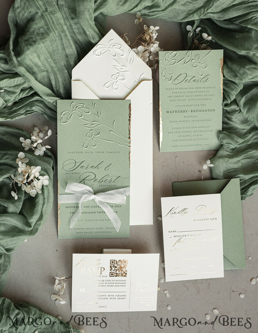 WEDDING INVITATIONS embossed invites Bespoke Embossed Blind Sage green Gold Wedding Invitation, Golden greenery deboss Floral Wedding Invitation, Modern Garden Debossed Invitation suite, Cotton paper wedding invitation suite, Wedding Invitations golden