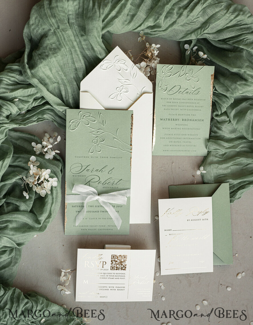 WEDDING INVITATIONS embossed invites Bespoke Embossed Blind Sage green Gold Wedding Invitation, Golden greenery deboss Floral Wedding Invitation, Modern Garden Debossed Invitation suite, Cotton paper wedding invitation suite, Wedding Invitations golden