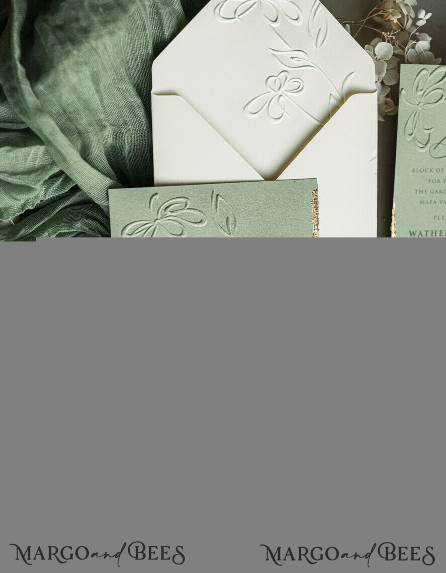 WEDDING INVITATIONS embossed invites Bespoke Embossed Blind Sage green Gold Wedding Invitation, Golden greenery deboss Floral Wedding Invitation, Modern Garden Debossed Invitation suite, Cotton paper wedding invitation suite, Wedding Invitations golden