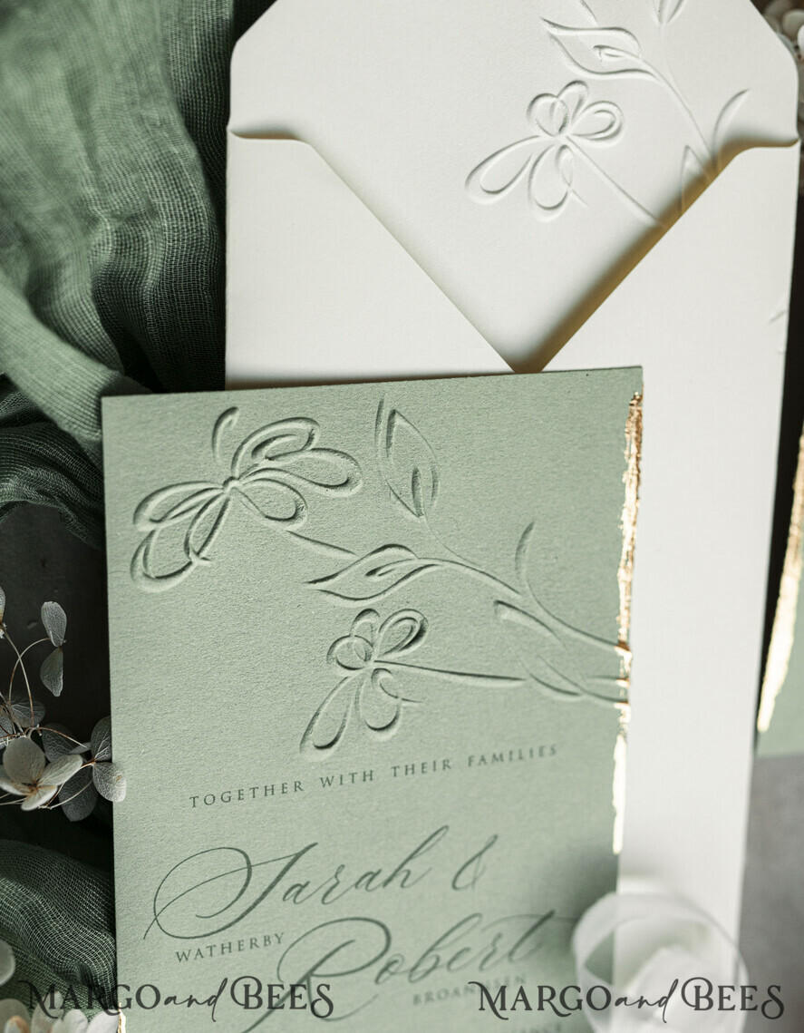 WEDDING INVITATIONS embossed invites Bespoke Embossed Blind Sage green Gold Wedding Invitation, Golden greenery deboss Floral Wedding Invitation, Modern Garden Debossed Invitation suite, Cotton paper wedding invitation suite, Wedding Invitations golden