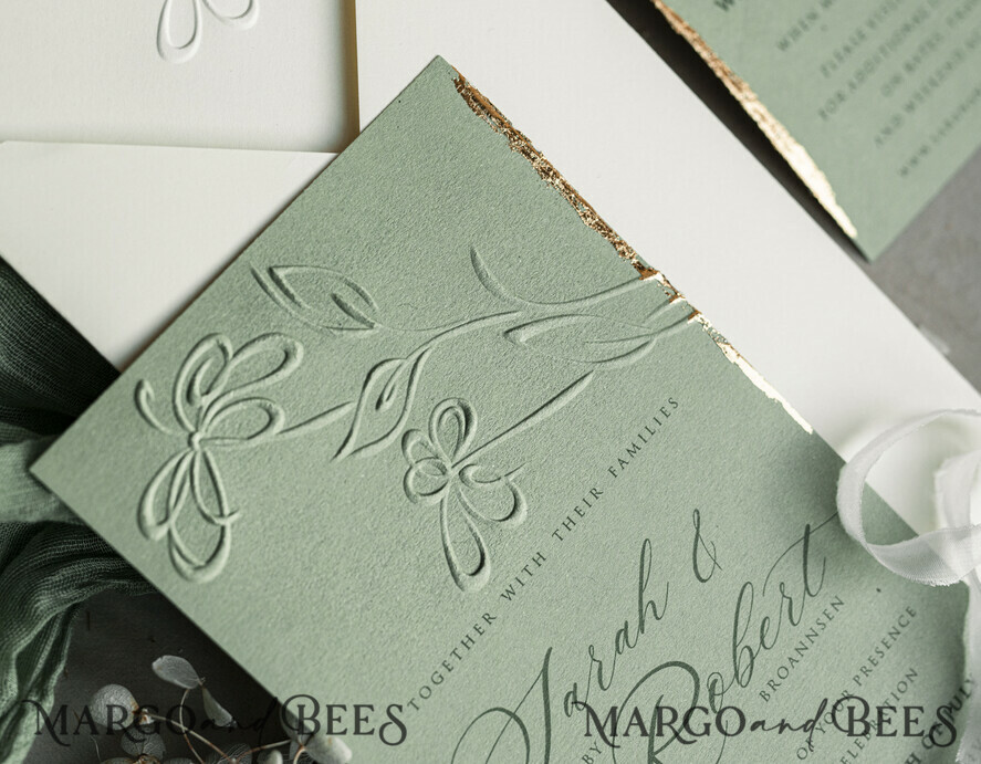 WEDDING INVITATIONS embossed invites Bespoke Embossed Blind Sage green Gold Wedding Invitation, Golden greenery deboss Floral Wedding Invitation, Modern Garden Debossed Invitation suite, Cotton paper wedding invitation suite, Wedding Invitations golden
