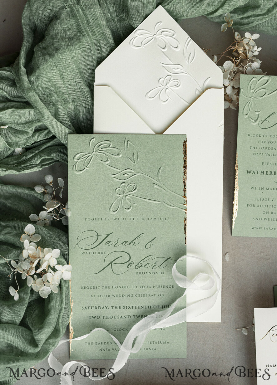 WEDDING INVITATIONS embossed invites Bespoke Embossed Blind Sage green Gold Wedding Invitation, Golden greenery deboss Floral Wedding Invitation, Modern Garden Debossed Invitation suite, Cotton paper wedding invitation suite, Wedding Invitations golden