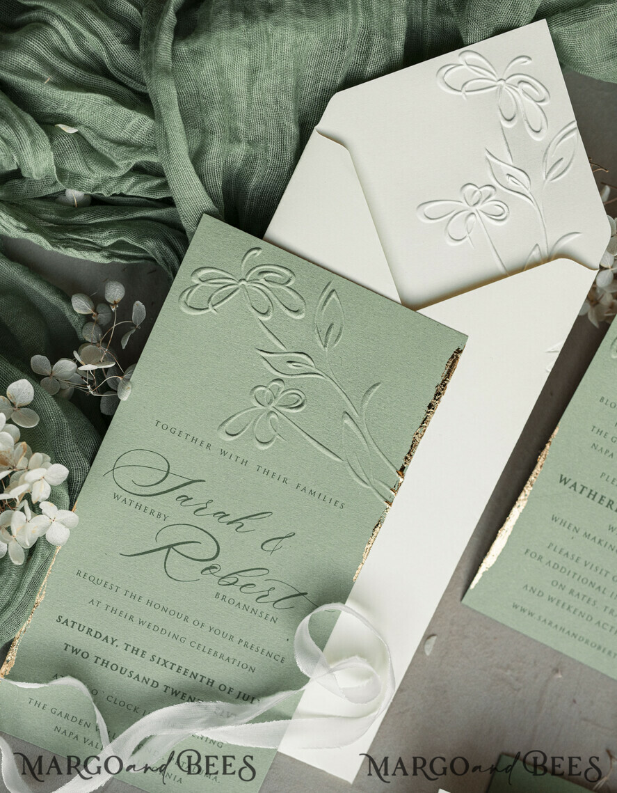 WEDDING INVITATIONS embossed invites Bespoke Embossed Blind Sage green Gold Wedding Invitation, Golden greenery deboss Floral Wedding Invitation, Modern Garden Debossed Invitation suite, Cotton paper wedding invitation suite, Wedding Invitations golden