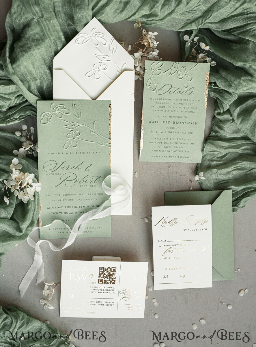 WEDDING INVITATIONS embossed invites Bespoke Embossed Blind Sage green Gold Wedding Invitation, Golden greenery deboss Floral Wedding Invitation, Modern Garden Debossed Invitation suite, Cotton paper wedding invitation suite, Wedding Invitations golden