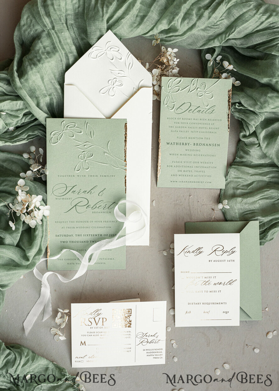 WEDDING INVITATIONS embossed invites Bespoke Embossed Blind Sage green Gold Wedding Invitation, Golden greenery deboss Floral Wedding Invitation, Modern Garden Debossed Invitation suite, Cotton paper wedding invitation suite, Wedding Invitations golden