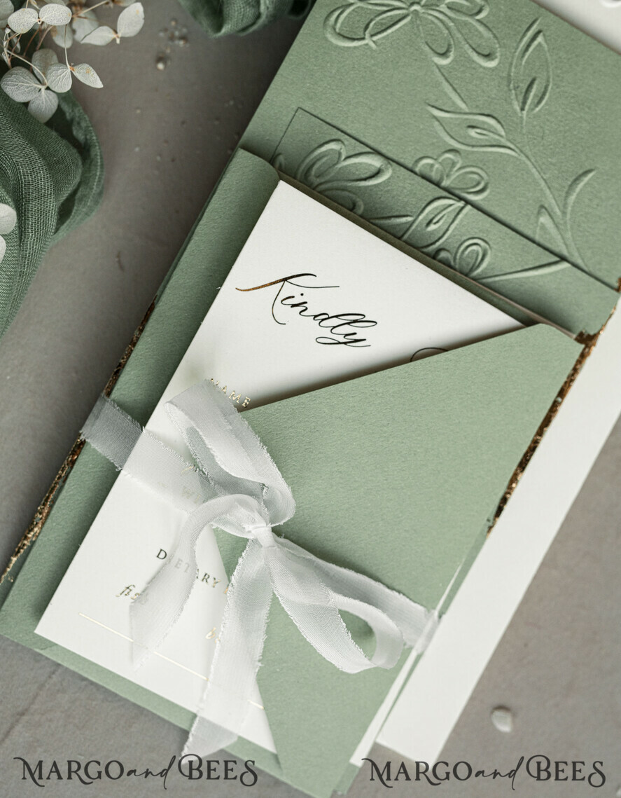 WEDDING INVITATIONS embossed invites Bespoke Embossed Blind Sage green Gold Wedding Invitation, Golden greenery deboss Floral Wedding Invitation, Modern Garden Debossed Invitation suite, Cotton paper wedding invitation suite, Wedding Invitations golden