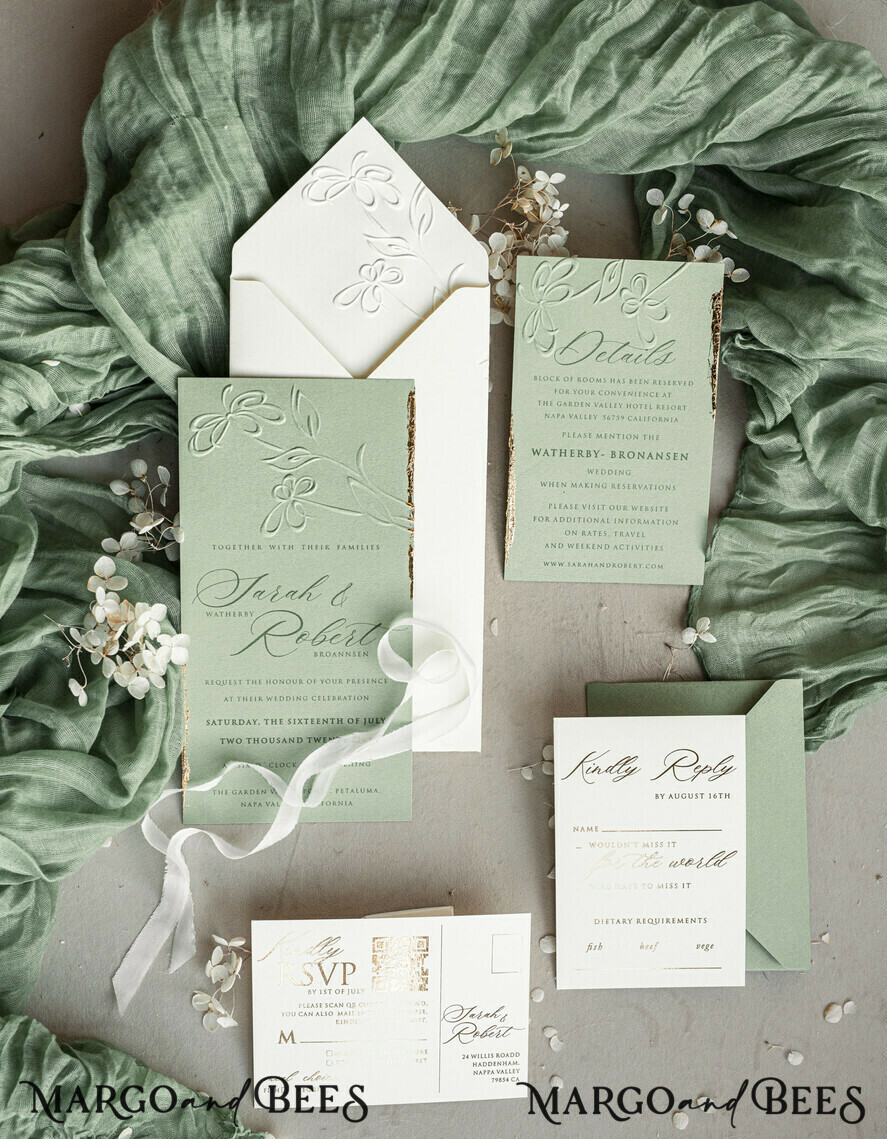 WEDDING INVITATIONS embossed invites Bespoke Embossed Blind Sage green Gold Wedding Invitation, Golden greenery deboss Floral Wedding Invitation, Modern Garden Debossed Invitation suite, Cotton paper wedding invitation suite, Wedding Invitations golden