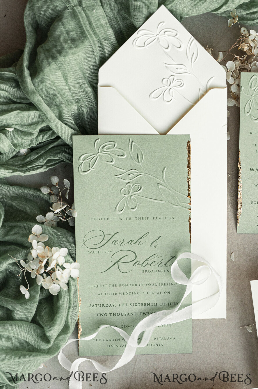 WEDDING INVITATIONS embossed invites Bespoke Embossed Blind Sage green Gold Wedding Invitation, Golden greenery deboss Floral Wedding Invitation, Modern Garden Debossed Invitation suite, Cotton paper wedding invitation suite, Wedding Invitations golden