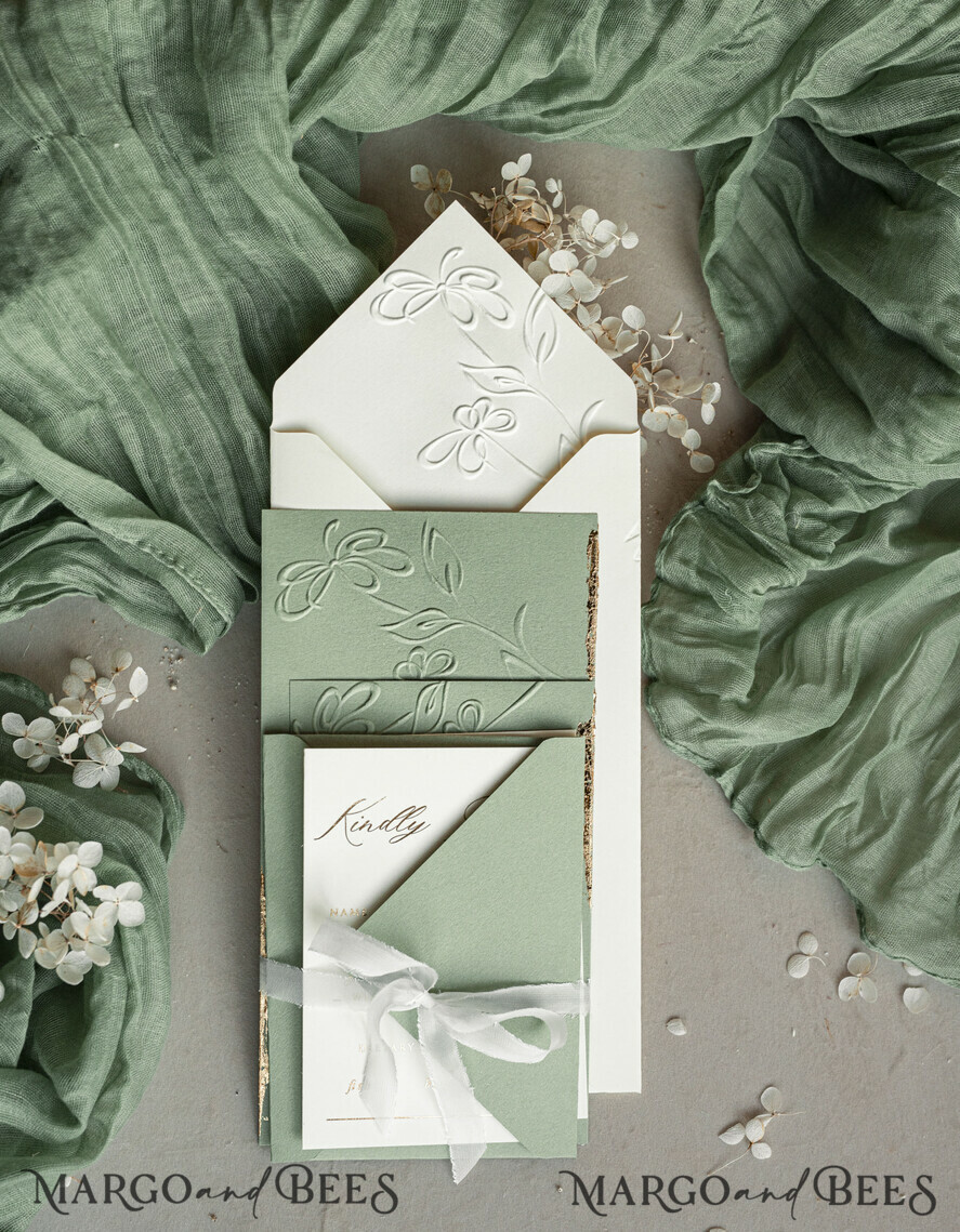 WEDDING INVITATIONS embossed invites Bespoke Embossed Blind Sage green Gold Wedding Invitation, Golden greenery deboss Floral Wedding Invitation, Modern Garden Debossed Invitation suite, Cotton paper wedding invitation suite, Wedding Invitations golden