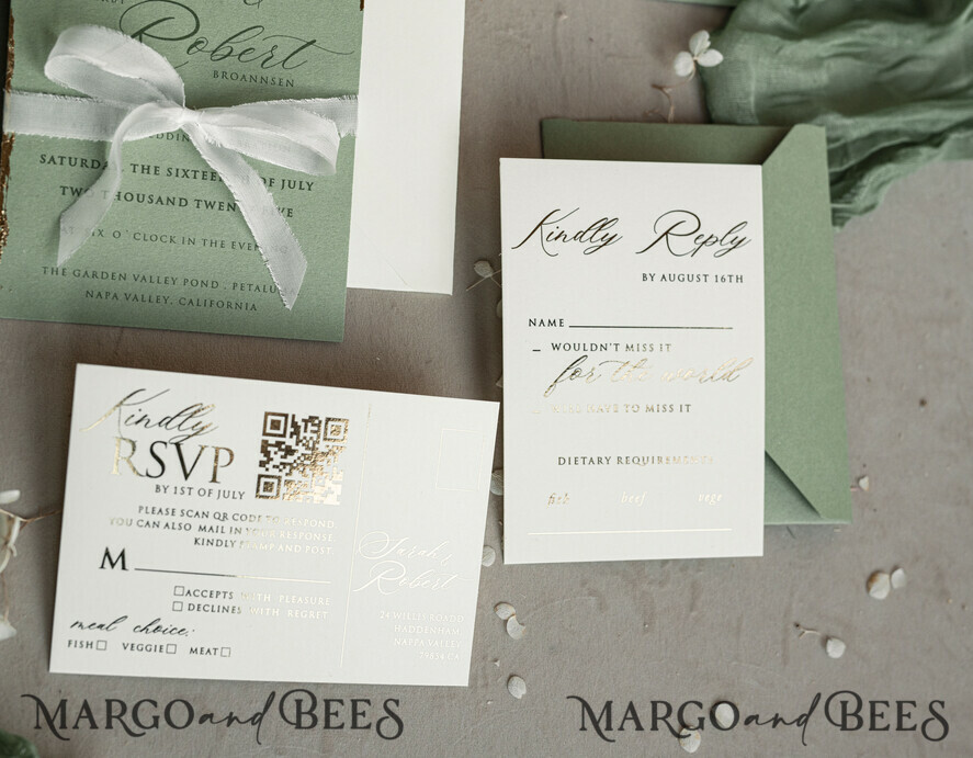 WEDDING INVITATIONS embossed invites Bespoke Embossed Blind Sage green Gold Wedding Invitation, Golden greenery deboss Floral Wedding Invitation, Modern Garden Debossed Invitation suite, Cotton paper wedding invitation suite, Wedding Invitations golden