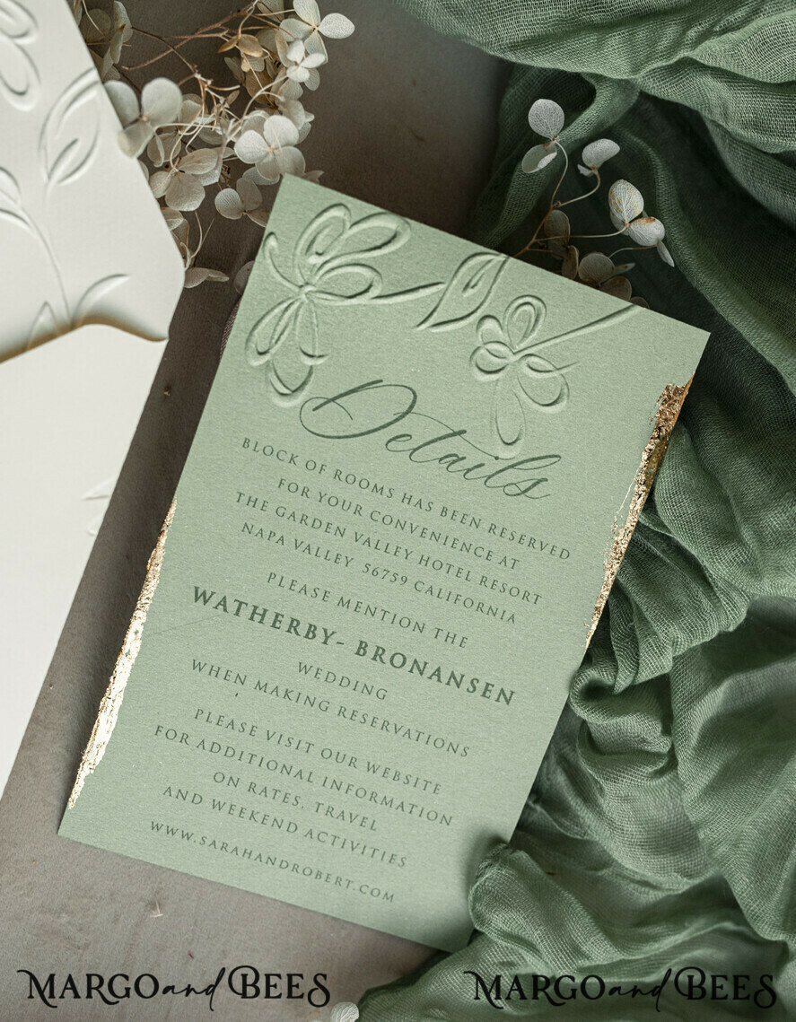 WEDDING INVITATIONS embossed invites Bespoke Embossed Blind Sage green Gold Wedding Invitation, Golden greenery deboss Floral Wedding Invitation, Modern Garden Debossed Invitation suite, Cotton paper wedding invitation suite, Wedding Invitations golden
