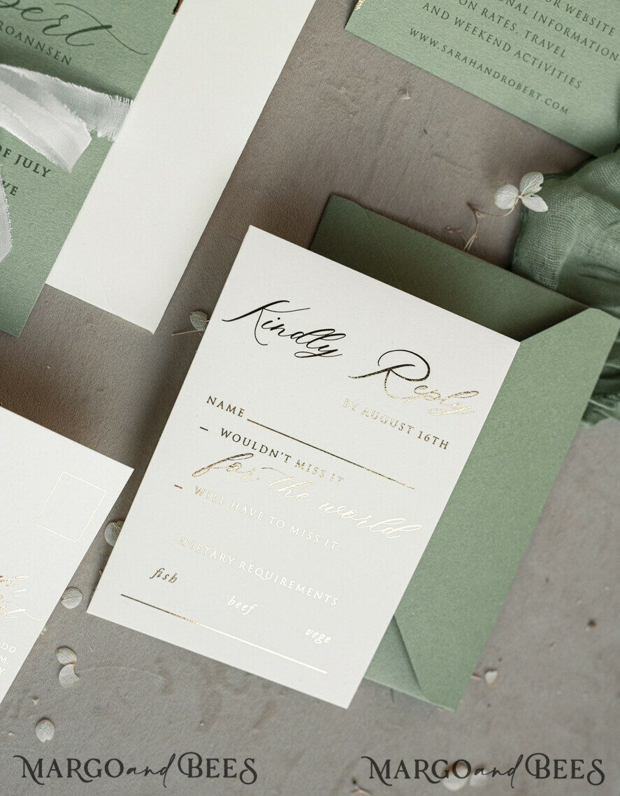 WEDDING INVITATIONS embossed invites Bespoke Embossed Blind Sage green Gold Wedding Invitation, Golden greenery deboss Floral Wedding Invitation, Modern Garden Debossed Invitation suite, Cotton paper wedding invitation suite, Wedding Invitations golden