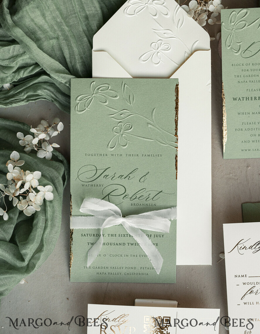WEDDING INVITATIONS embossed invites Bespoke Embossed Blind Sage green Gold Wedding Invitation, Golden greenery deboss Floral Wedding Invitation, Modern Garden Debossed Invitation suite, Cotton paper wedding invitation suite, Wedding Invitations golden