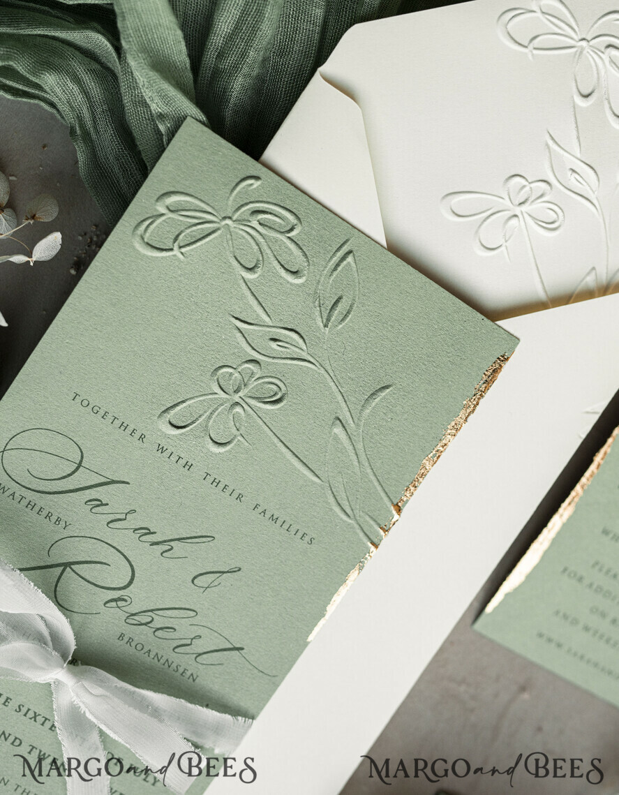 WEDDING INVITATIONS embossed invites Bespoke Embossed Blind Sage green Gold Wedding Invitation, Golden greenery deboss Floral Wedding Invitation, Modern Garden Debossed Invitation suite, Cotton paper wedding invitation suite, Wedding Invitations golden