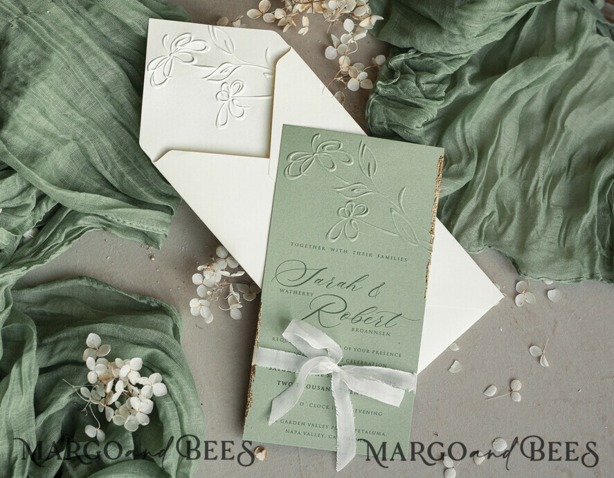WEDDING INVITATIONS embossed invites Bespoke Embossed Blind Sage green Gold Wedding Invitation, Golden greenery deboss Floral Wedding Invitation, Modern Garden Debossed Invitation suite, Cotton paper wedding invitation suite, Wedding Invitations golden