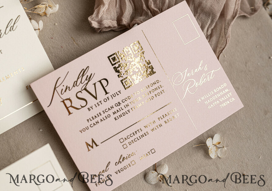 WEDDING INVITATIONS embossed invites Bespoke Embossed Blind Blus Pink Gold Wedding Invitation, Golden Nude deboss Floral Wedding Invitation, Modern Garden Debossed Invitation suite, Cotton paper wedding invitation suite, Wedding Invitations golden