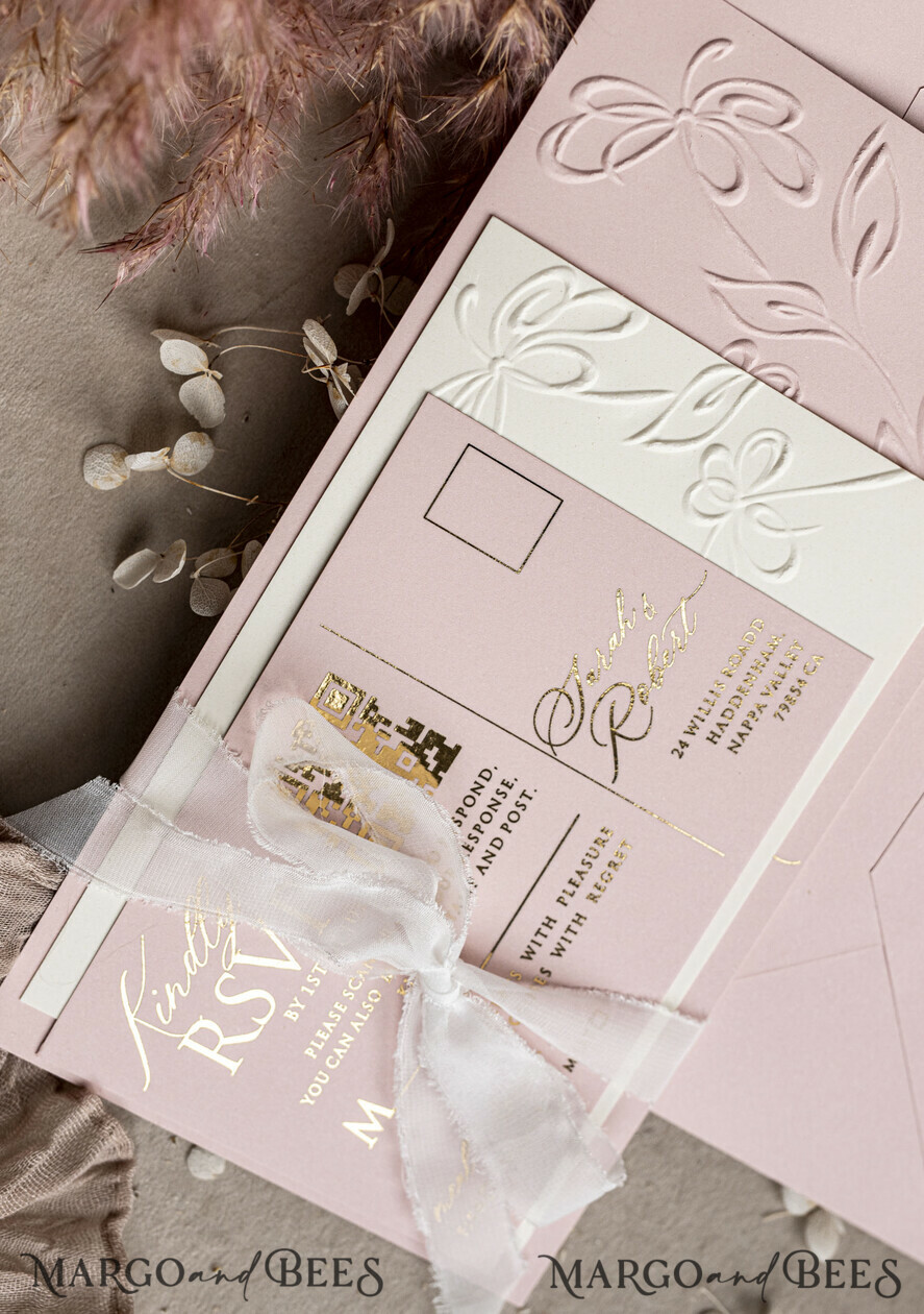 WEDDING INVITATIONS embossed invites Bespoke Embossed Blind Blus Pink Gold Wedding Invitation, Golden Nude deboss Floral Wedding Invitation, Modern Garden Debossed Invitation suite, Cotton paper wedding invitation suite, Wedding Invitations golden