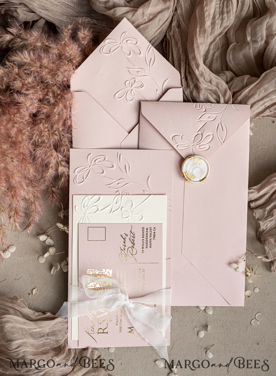 WEDDING INVITATIONS embossed invites Bespoke Embossed Blind Blus Pink Gold Wedding Invitation, Golden Nude deboss Floral Wedding Invitation, Modern Garden Debossed Invitation suite, Cotton paper wedding invitation suite, Wedding Invitations golden