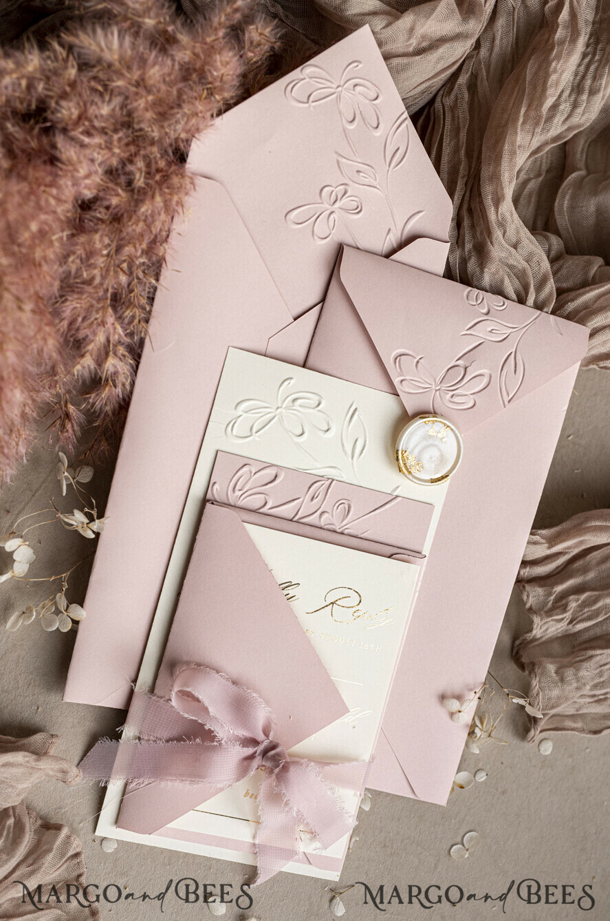 WEDDING INVITATIONS embossed invites Bespoke Embossed Blind Blus Pink Gold Wedding Invitation, Golden Nude deboss Floral Wedding Invitation, Modern Garden Debossed Invitation suite, Cotton paper wedding invitation suite, Wedding Invitations golden